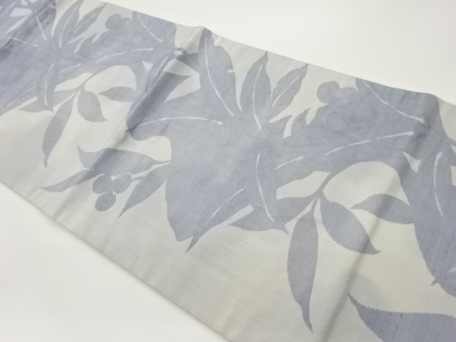 手織り紬草に果実模様織出し開き名古屋帯（額縁仕立て）